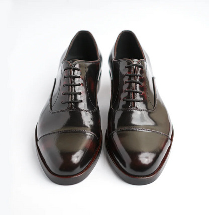 Regent Tan Burgundy wholecut Oxford leather shoes viewed from front